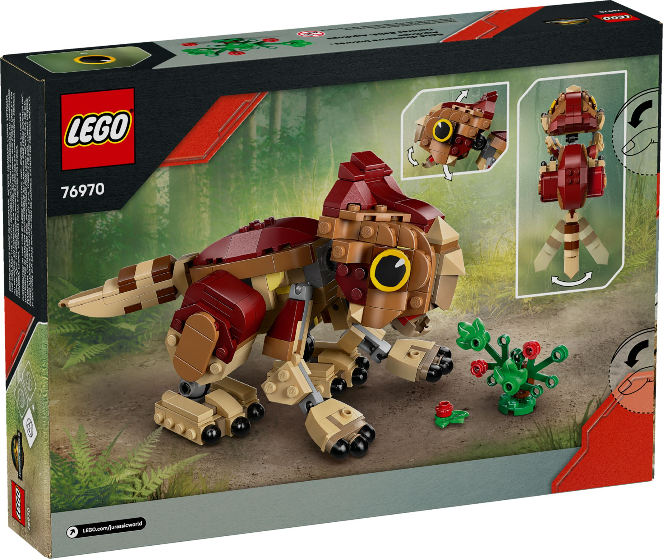 Ein brauner und roter Lego-Dinosaurier mit gelben Augen und einem grünen Busch.