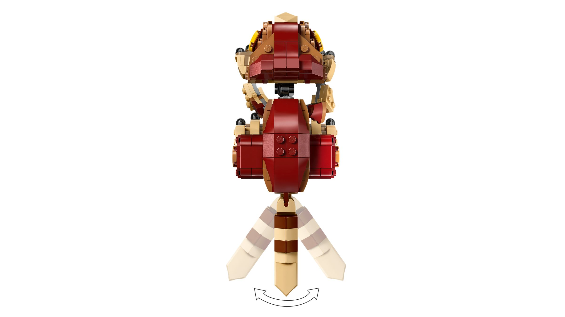 Ein rotbraunes Lego-Modell eines Insekts mit beige Akzenten und Flügeln.