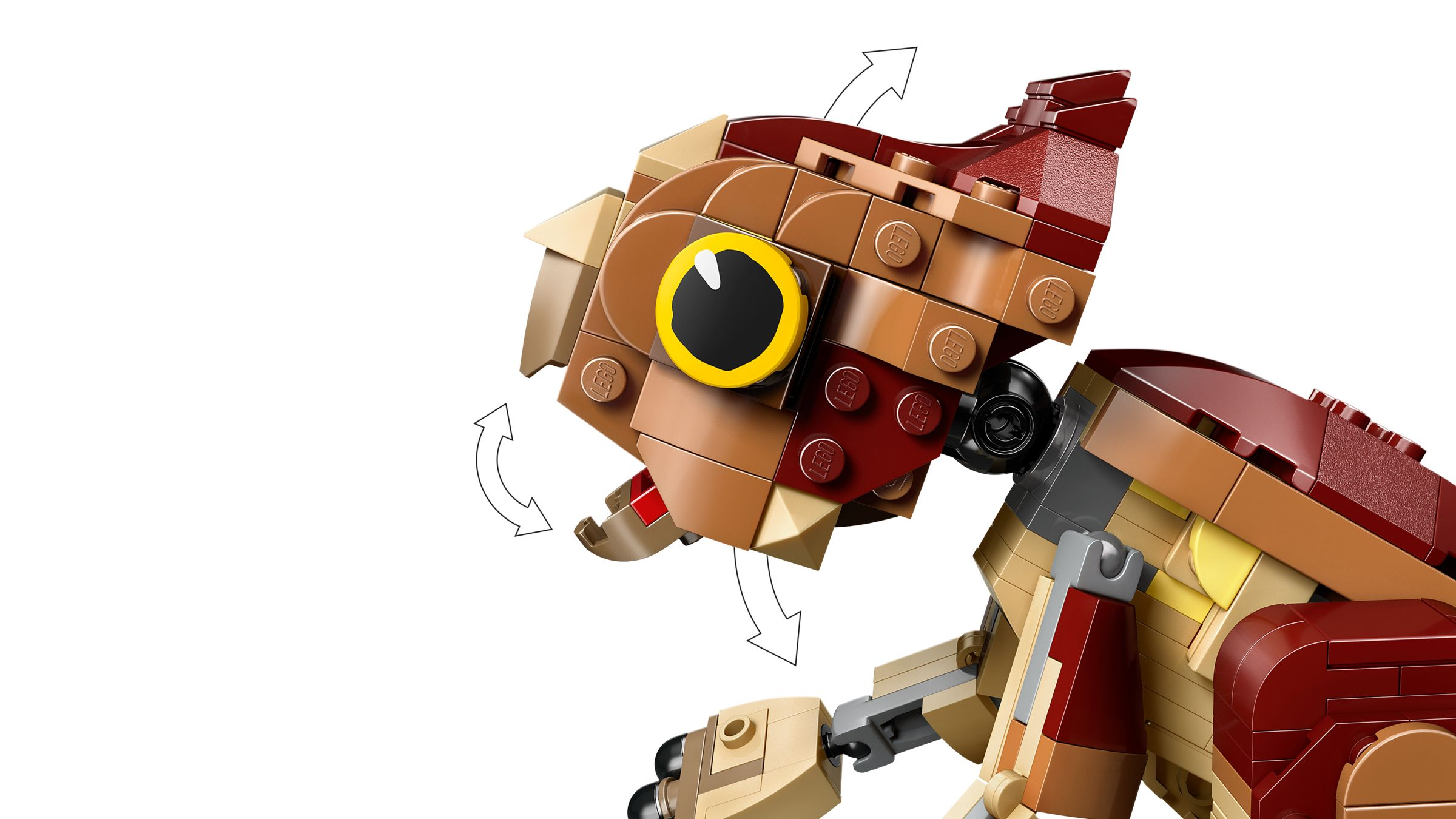 Eine braune und rote Lego-Kreatur mit einem großen gelben Auge und gelenkigem Kiefer.