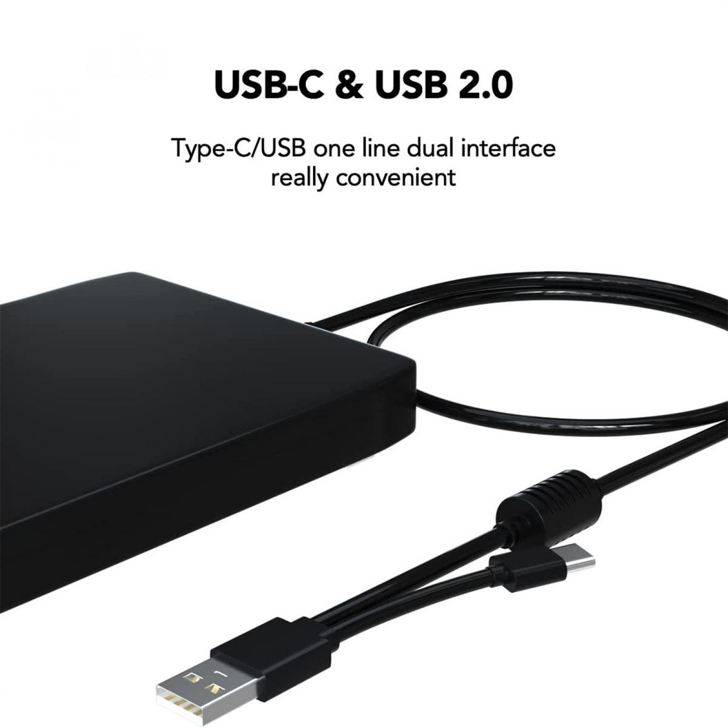 Schwarzes USB-C- und USB-2.0-Kabel mit Anschlüssen und einem externen Laufwerk.