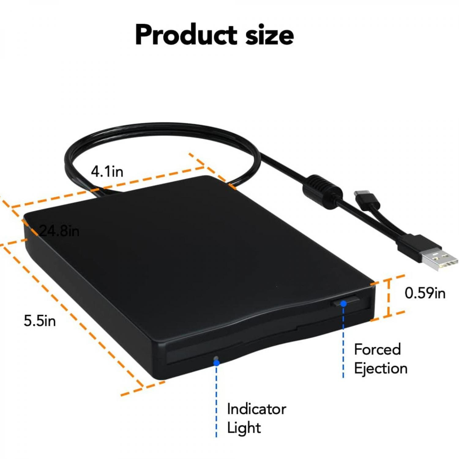 Schwarzes externes Laufwerk, Maße 24,8x5,5x4,1 Zoll, USB-Kabel.