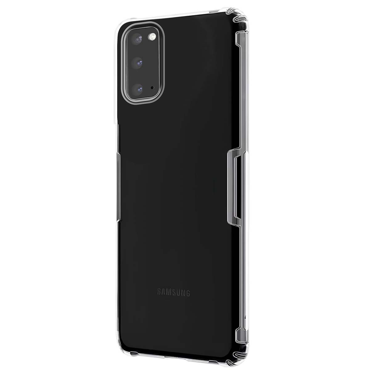 Telefono nero con custodia protettiva trasparente, fotocamera posteriore.