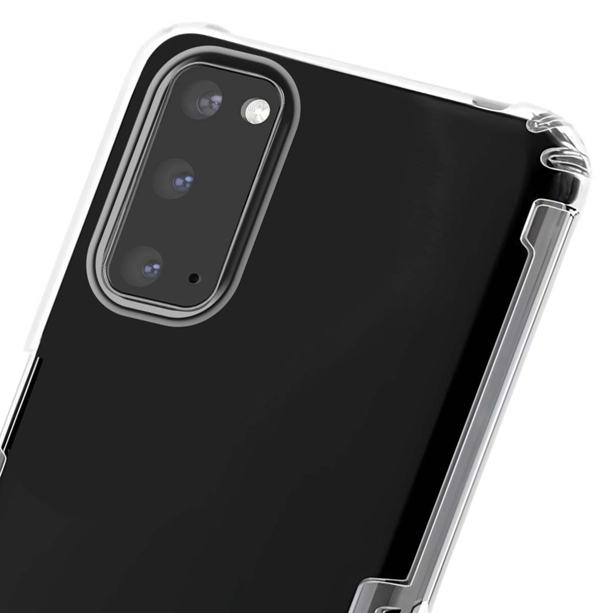 Primo piano di una cover nera per telefono con bordi trasparenti e un array di lenti per fotocamera.