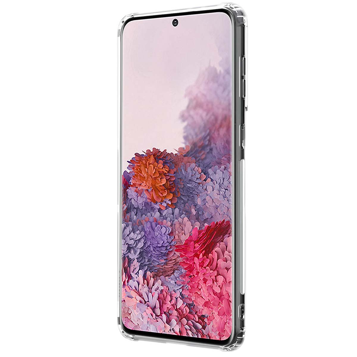 Una cover trasparente per telefono con sfondo floreale colorato.