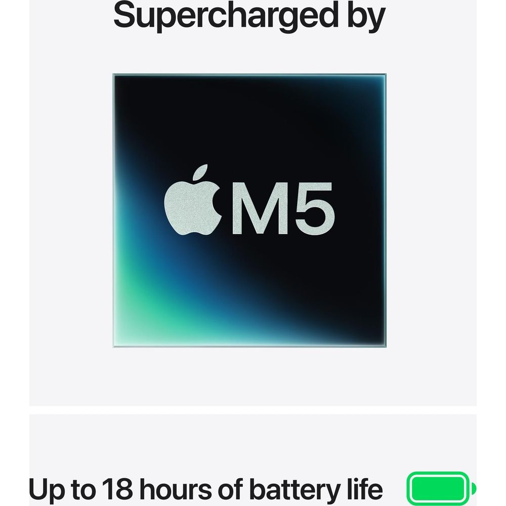 Apple M5 Chip Logo mit Farbverlauf. Bis zu 18 Stunden Akkulaufzeit.