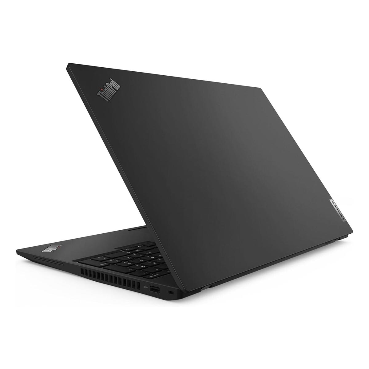 Czarny laptop Lenovo ThinkPad, od góry z lewej, z widoczną klawiaturą i otworami wentylacyjnymi.