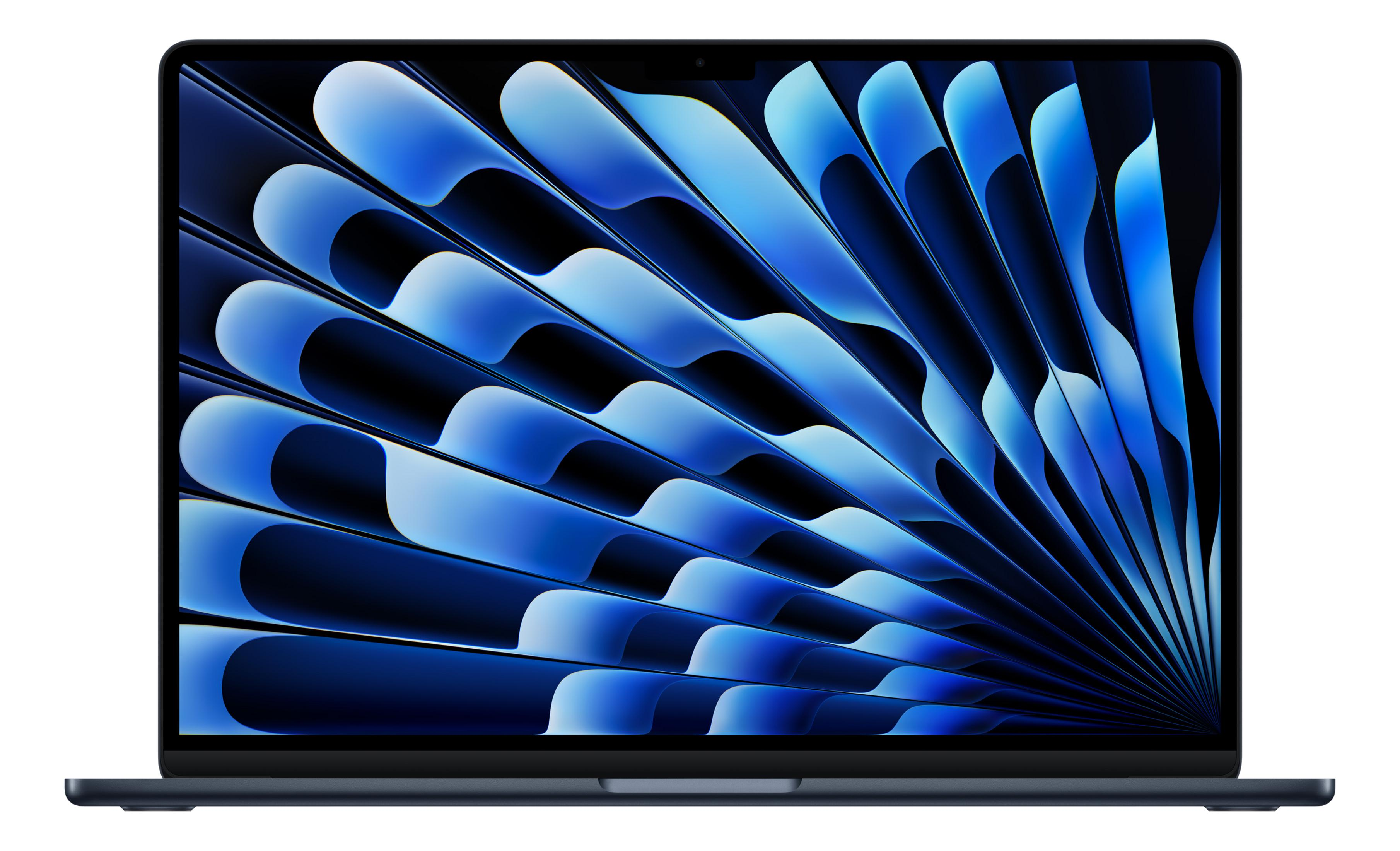 Ein geschlossenes MacBook mit blauem, abstraktem Hintergrund.
