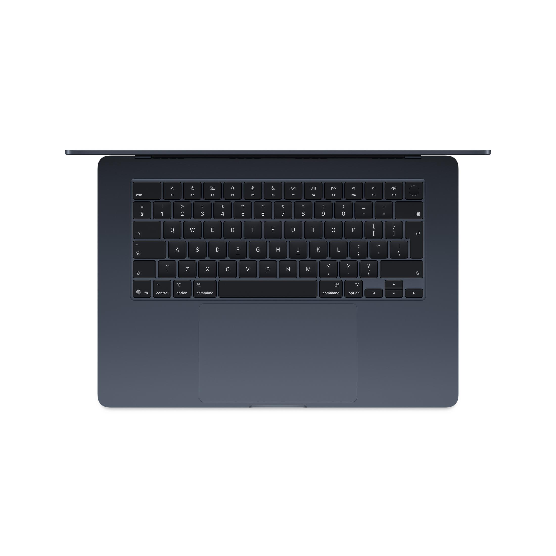 Dunkelblauer Laptop von oben mit Tastatur und Trackpad.