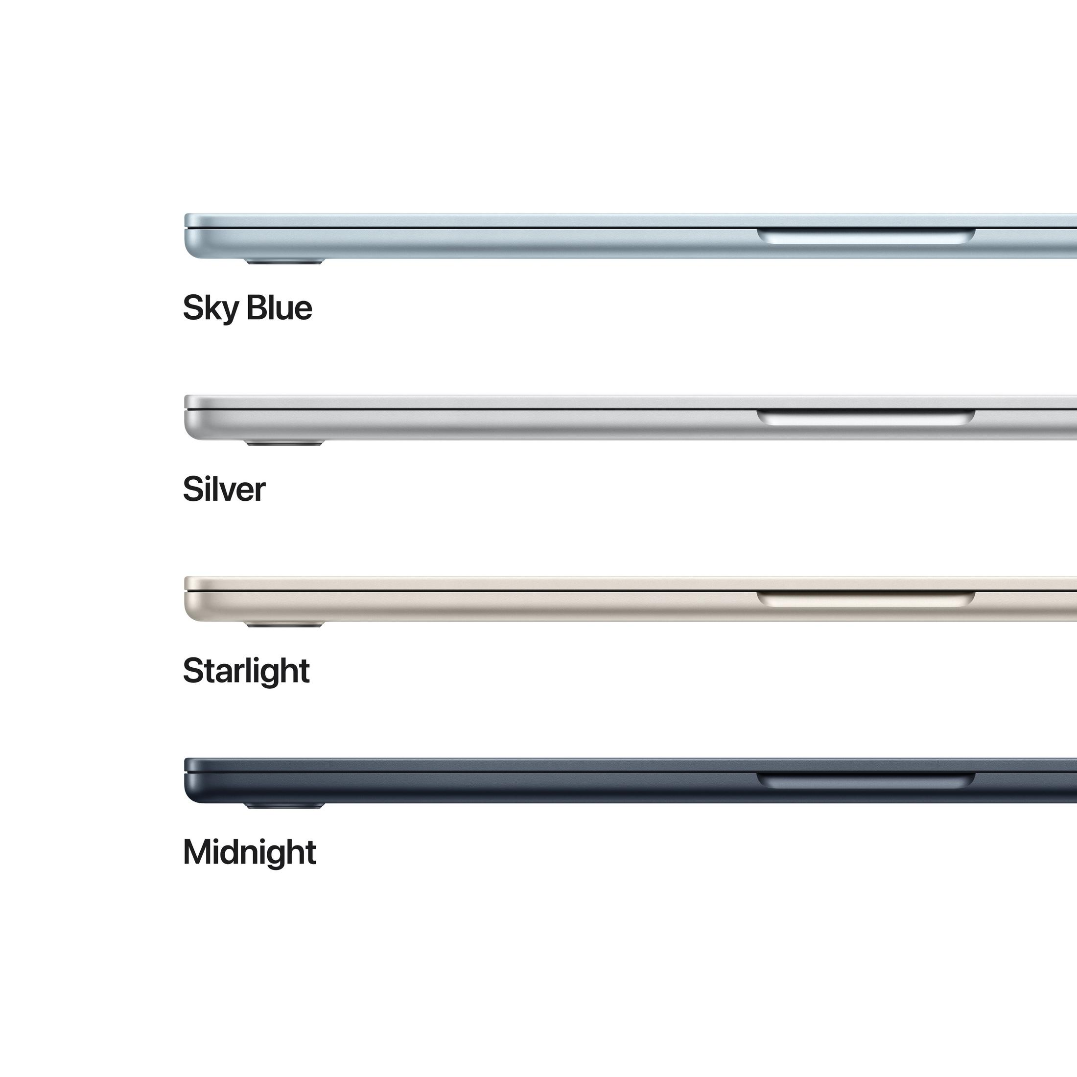 Vier Laptops in den Farben Himmelblau, Silber, Sternenlicht und Mitternacht.