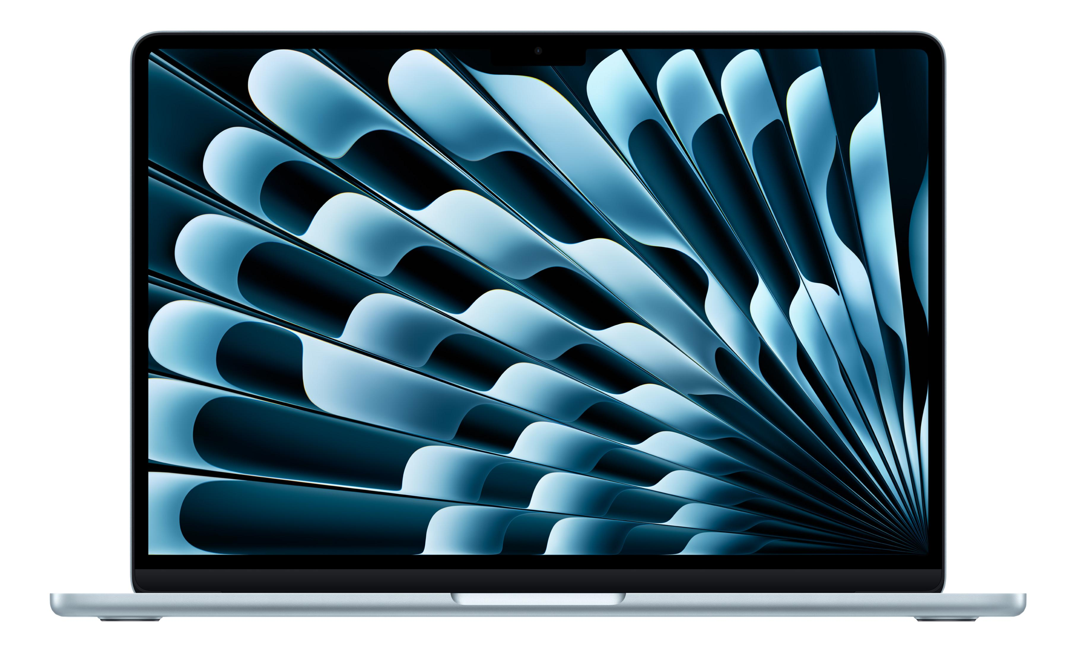 Un MacBook argentato con uno sfondo astratto blu e ondulato.