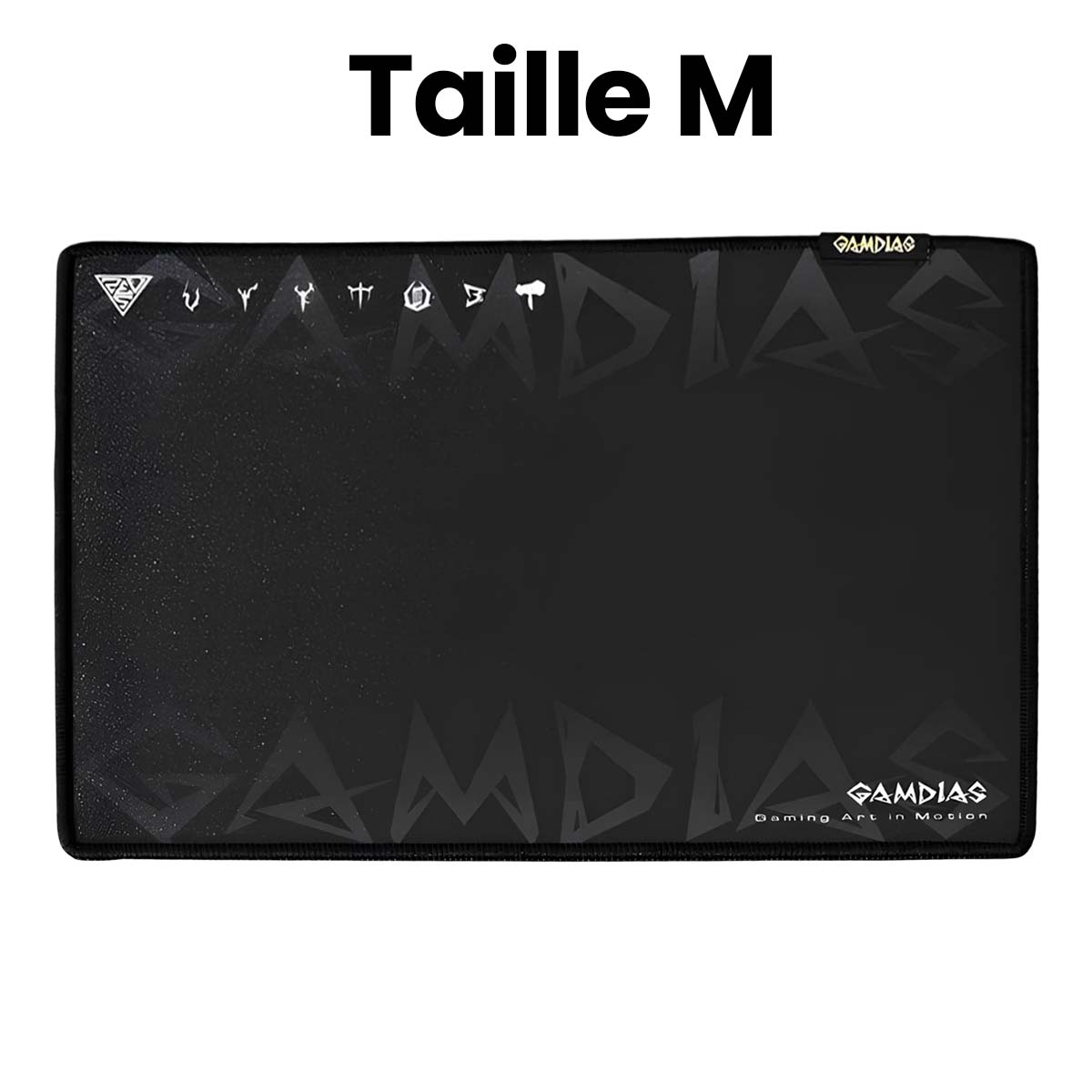 Tapis de souris gaming noir avec logo Gamdias et symboles. Texte: Taille M.