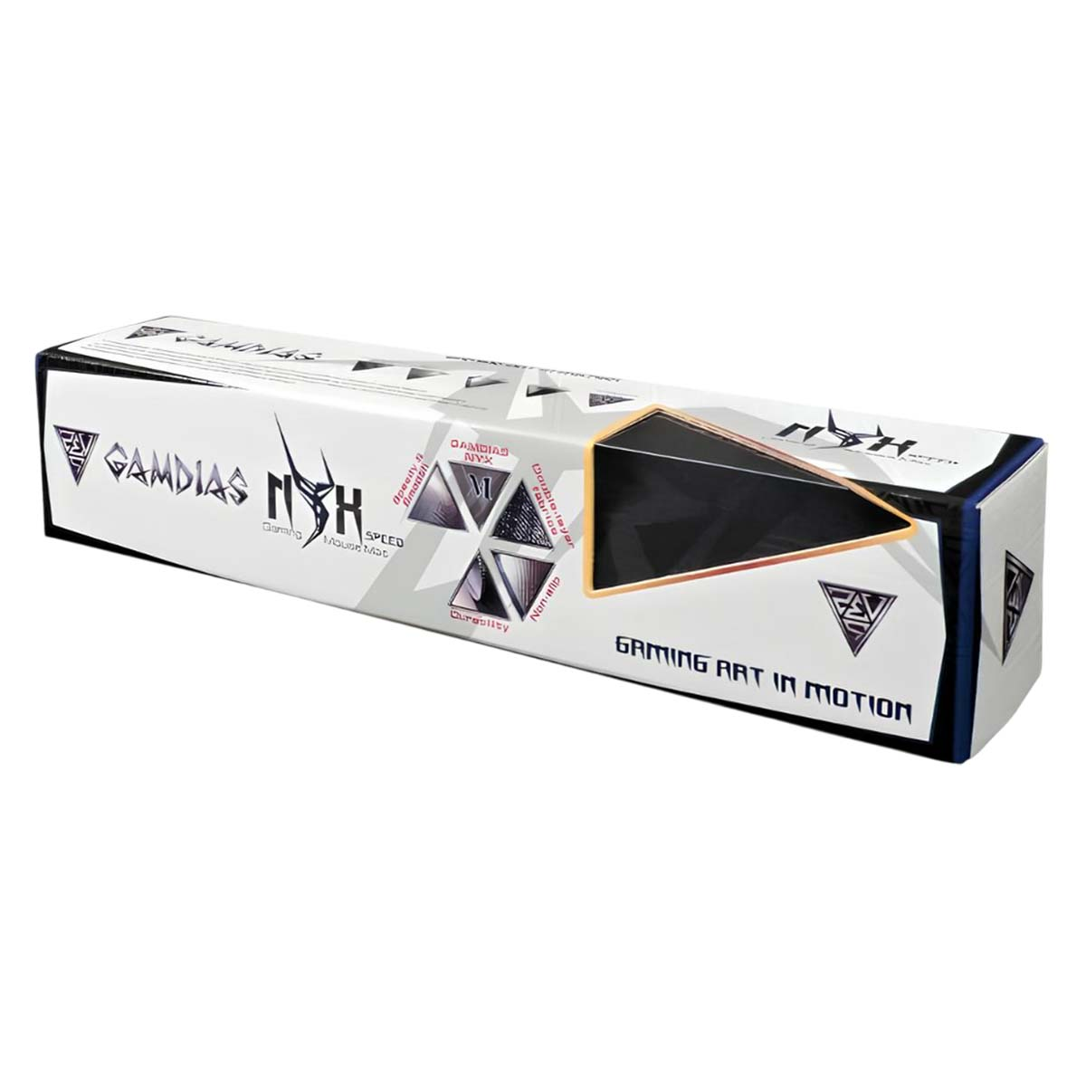Emballage de tapis de souris GAMDIAS NYX avec graphiques et texte.