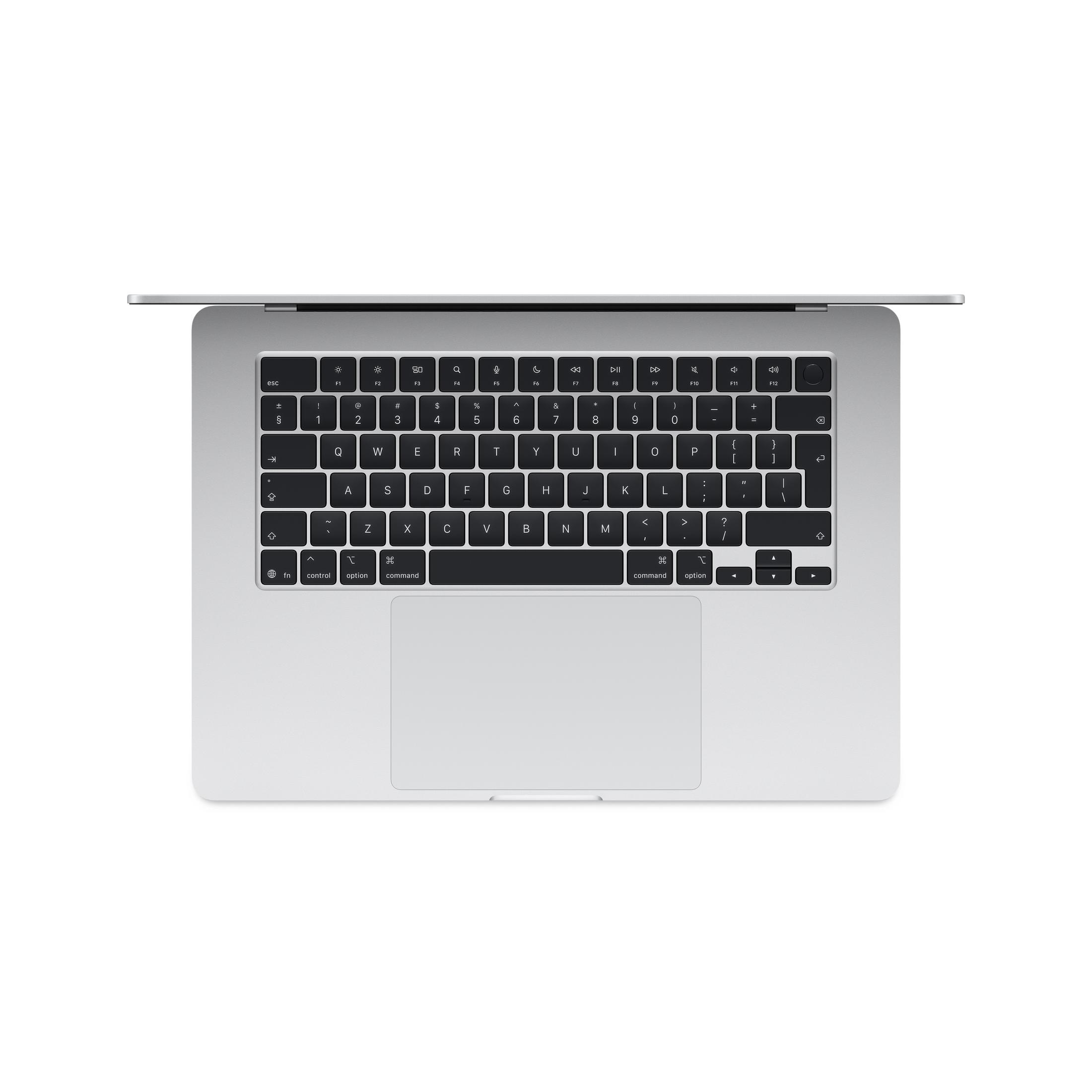 Ordinateur portable argenté avec clavier et trackpad noirs, vu de dessus.
