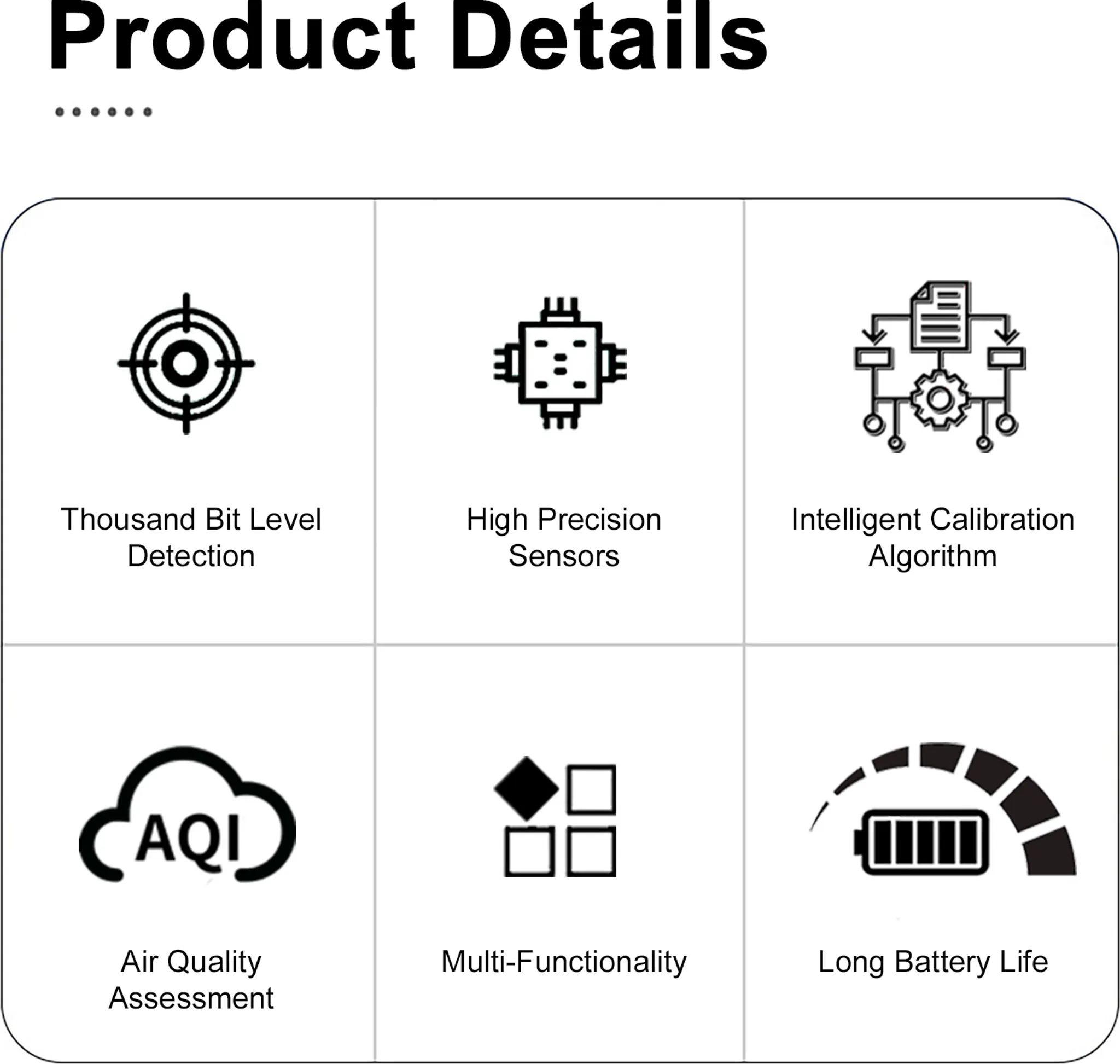 Produkt-Details: Tausend-Bit-Erkennung, Hochpräzisionssensoren, intelligente Kalibrierung, Luftqualitätsbewertung, Multifunktionalität, lange Akkulaufzeit.