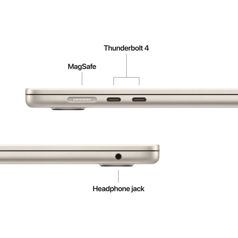 Seitenansicht eines Laptops mit MagSafe, 2x Thunderbolt 4 und Kopfhöreranschluss.