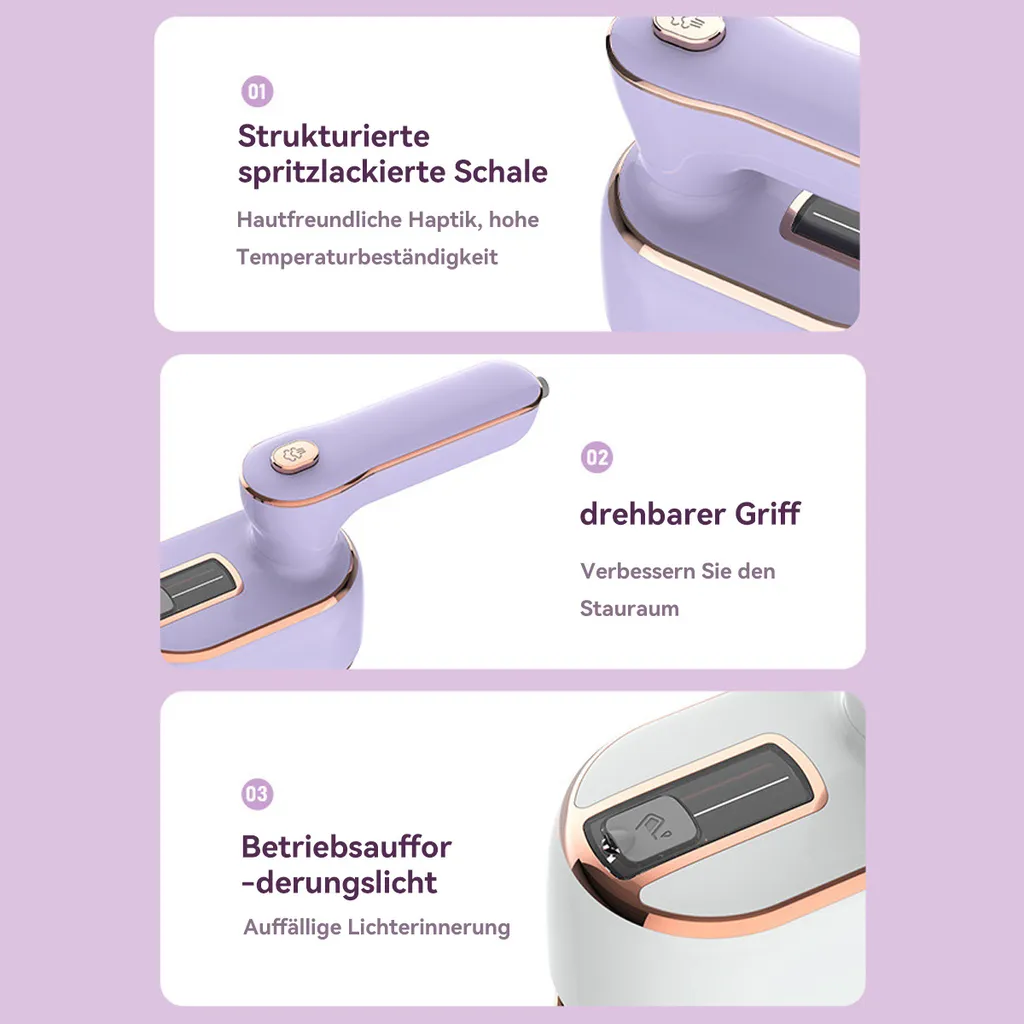 Drei Ansichten eines lila Geräts: strukturierte Schale, drehbarer Griff, Betriebslicht.
