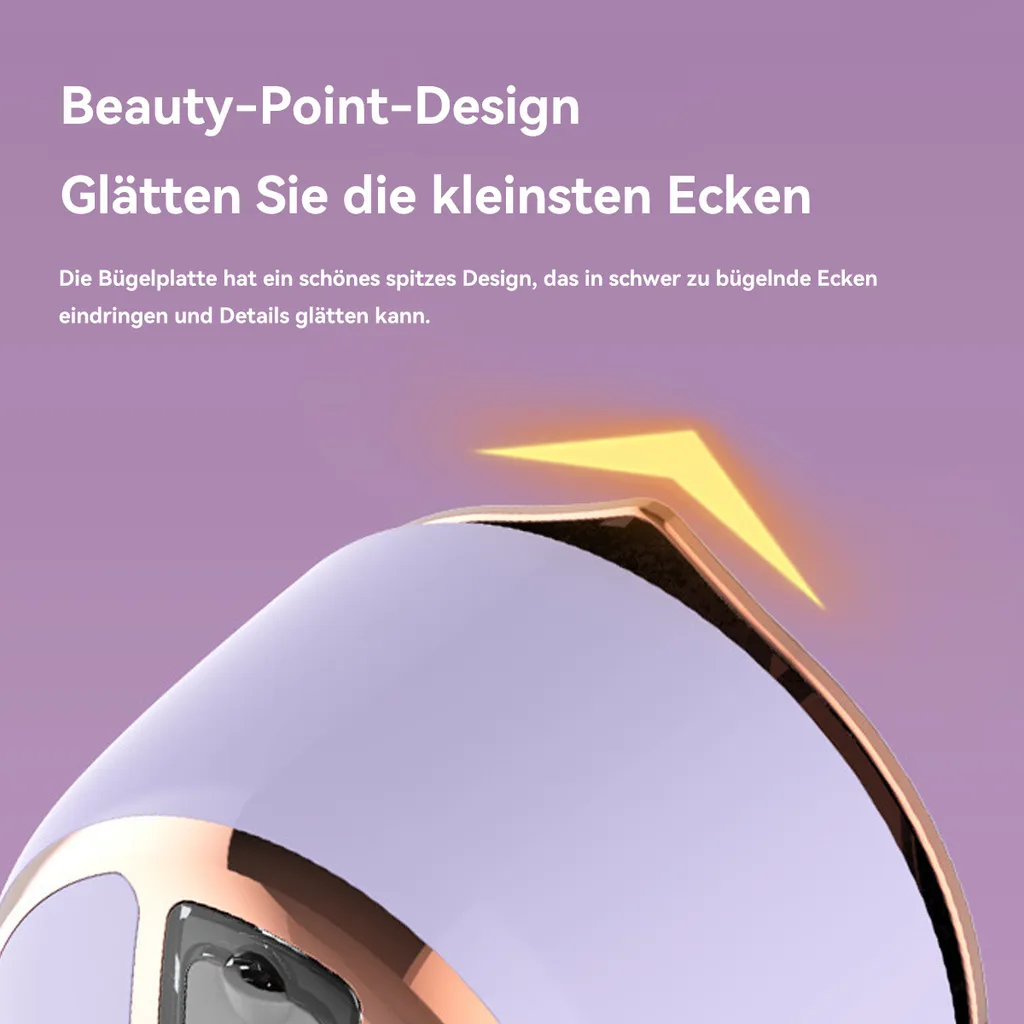 Lila Bügeleisen mit spitzer Kante und goldenem Akzent, ideal für Ecken.