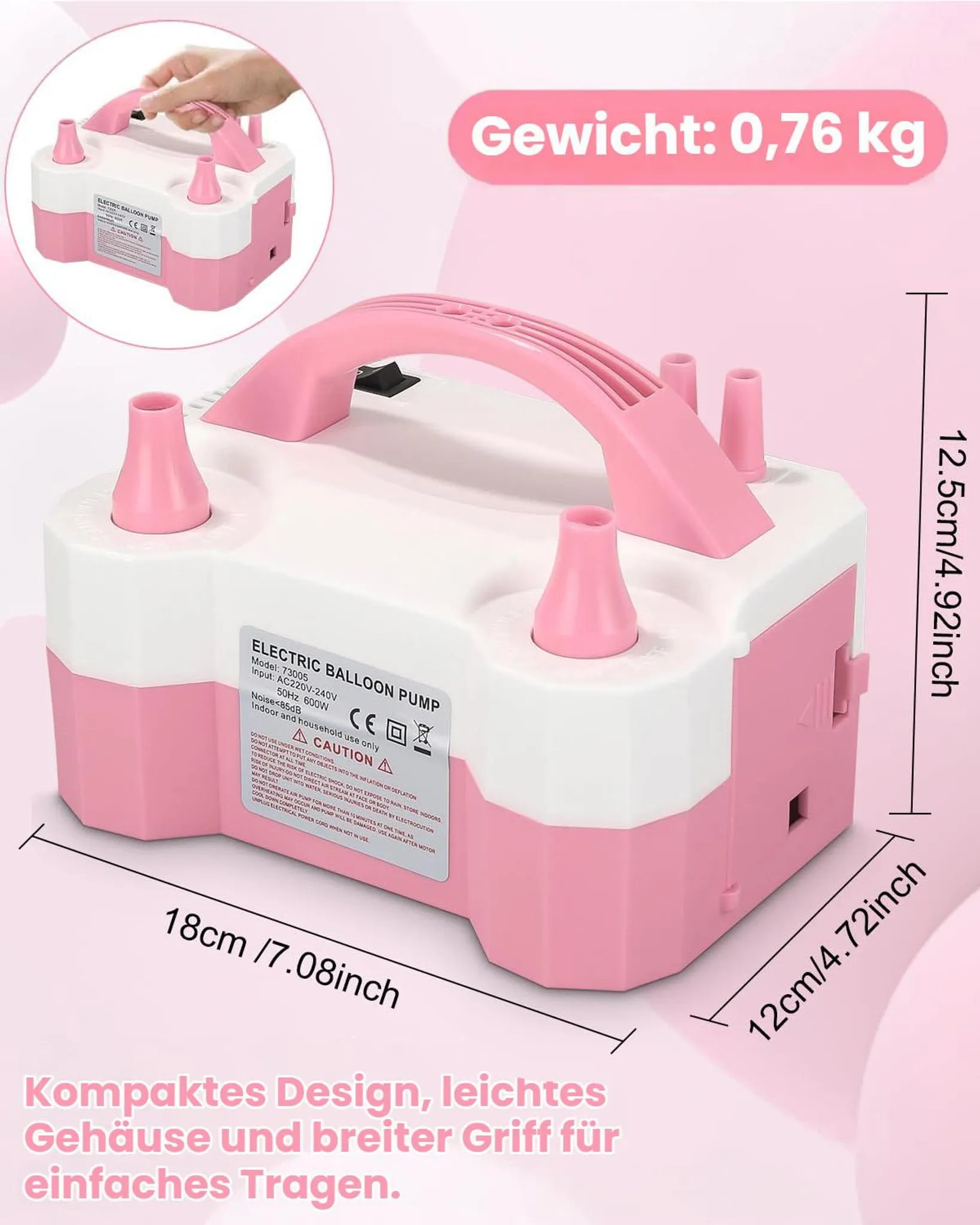 Ein pinkfarbener und weißer elektrischer Ballonpumpen-Aufnäher mit Griff.
