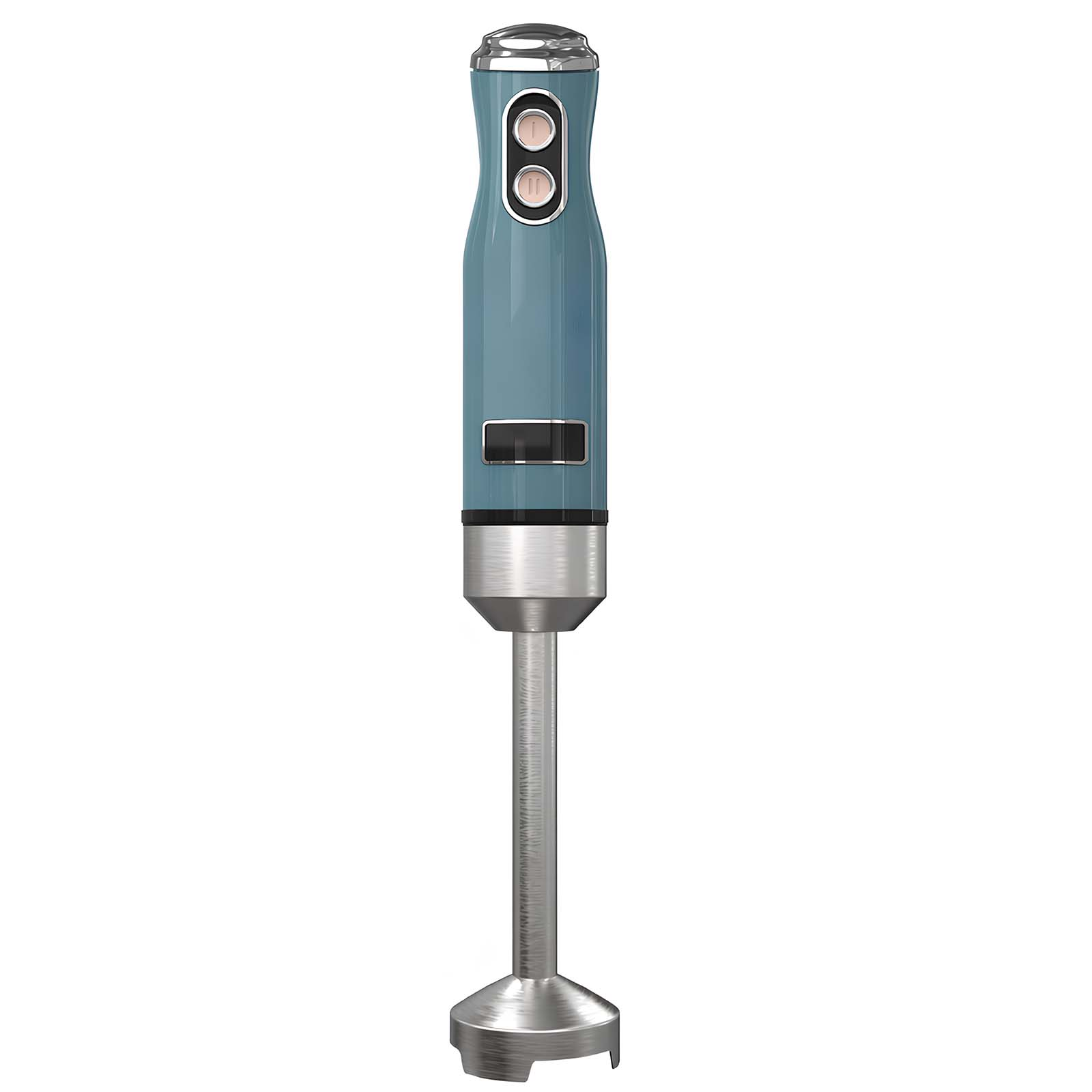 Ein blauer Stabmixer mit silbernen Akzenten und Bedienelementen.