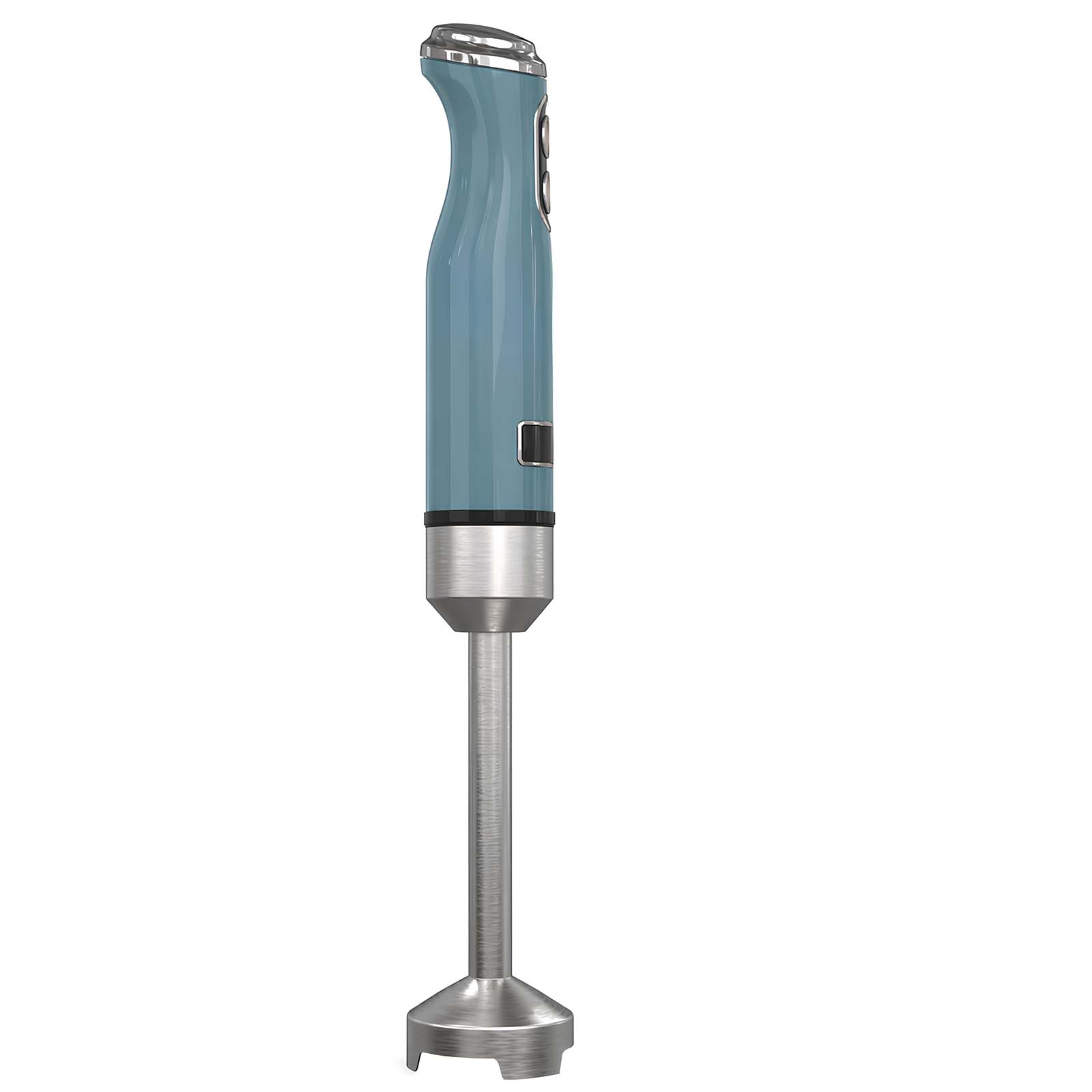 Ein blauer Stabmixer mit silbernem Schaft und Klingeneinheit.