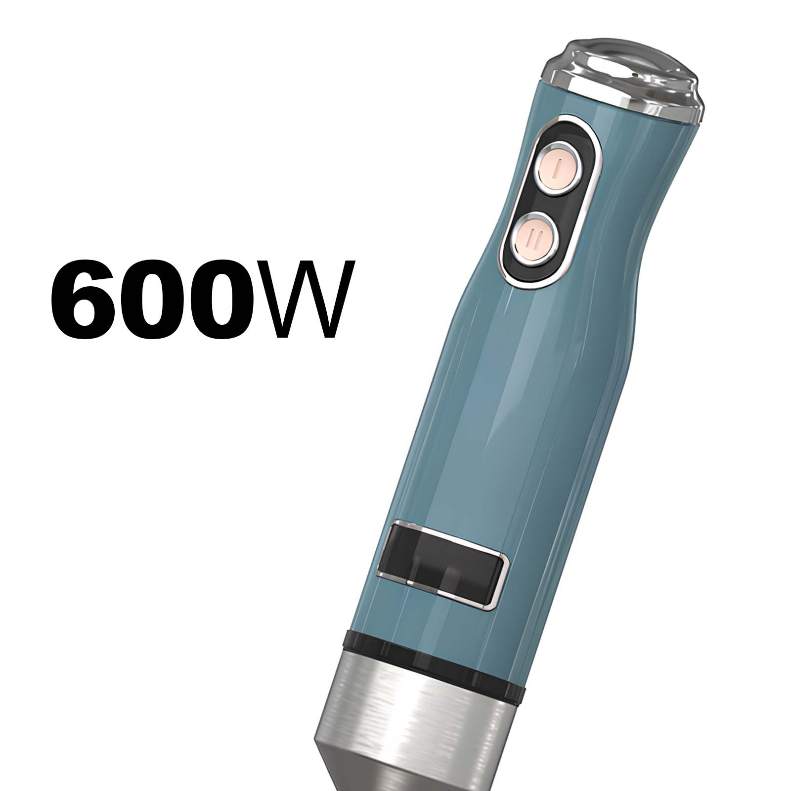 Ein blauer Stabmixer mit 600W und zwei Knöpfen.