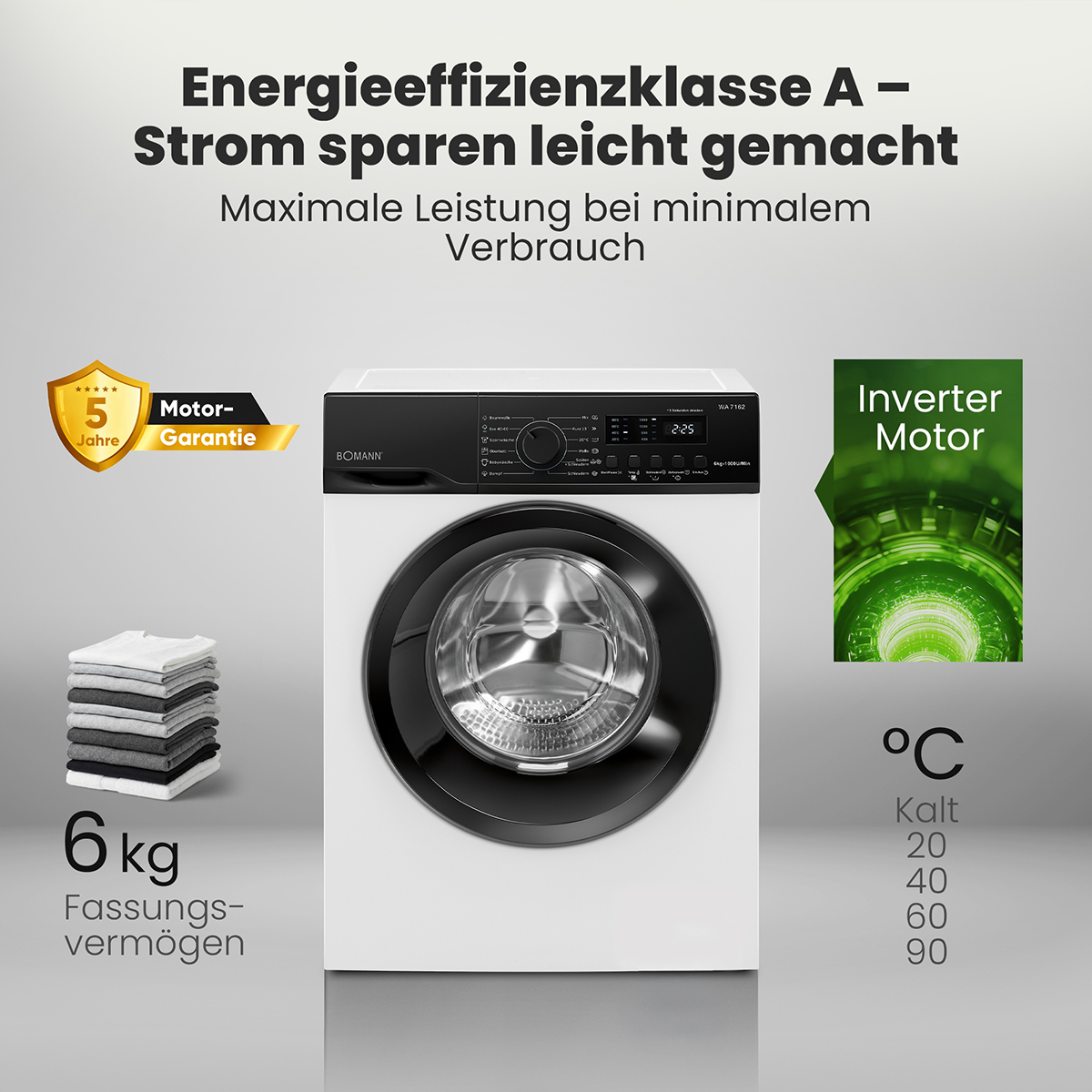 Weiße Waschmaschine mit "Inverter Motor" und "5 Jahre Motor-Garantie".