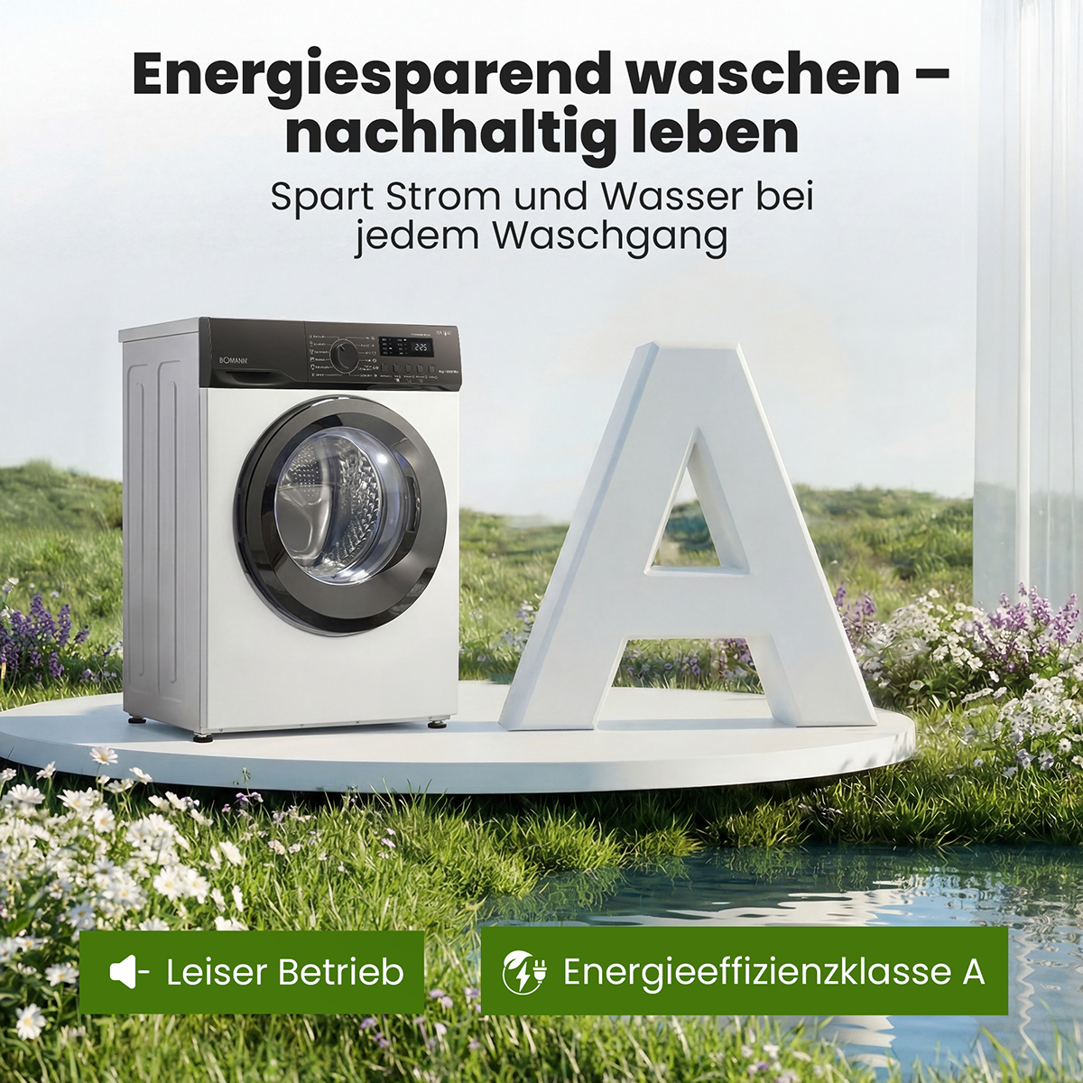 Eine weiße Waschmaschine steht neben einem großen Buchstaben A in einer grünen, blühenden Landschaft.
