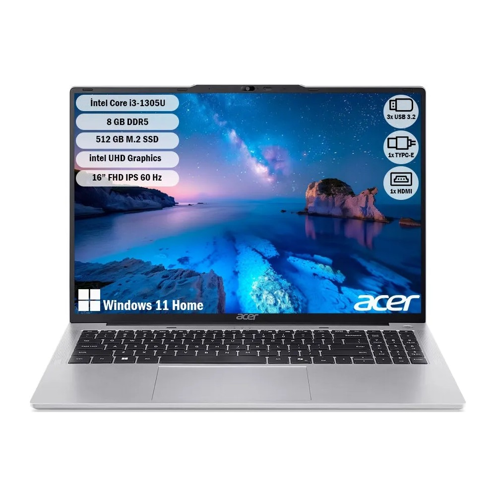 Intel Core i3, 8 GB RAM, 512 GB SSD ve Windows 11'e sahip gümüş Acer dizüstü bilgisayar.