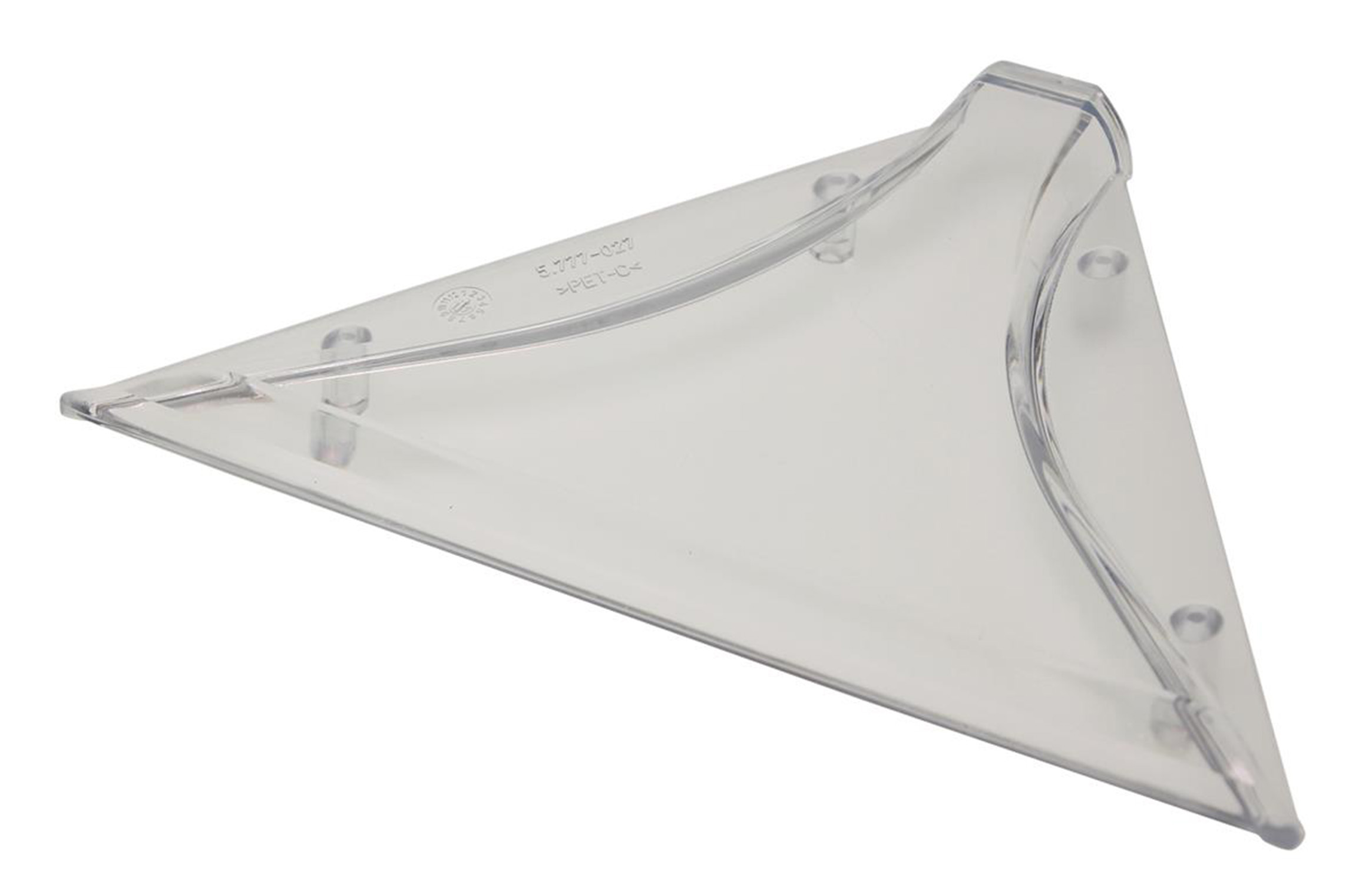Ein dreieckiges, transparentes Plastikteil mit Markierungen.