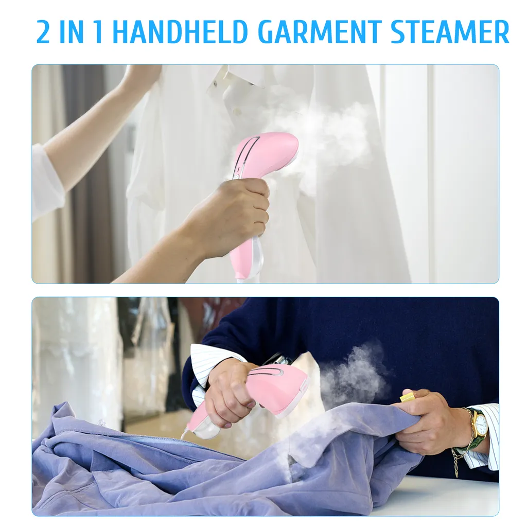 Eine Hand hält einen pinken Dampfglätter, der Dampf auf weiße und blaue Kleidung sprüht.