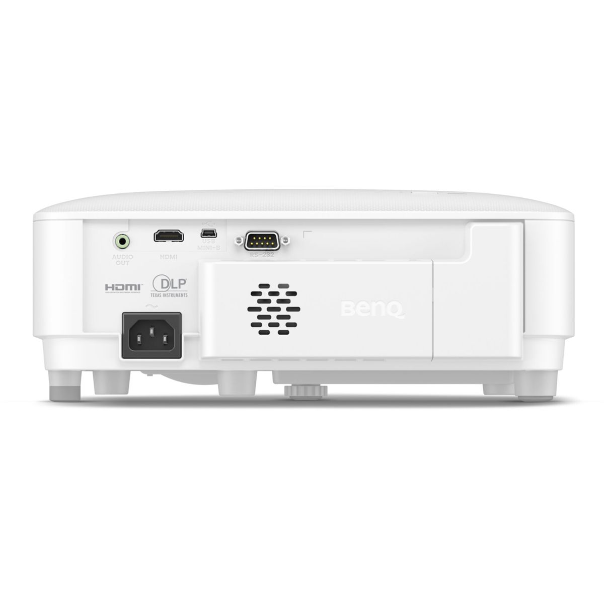 Panneau arrière du projecteur BenQ blanc avec ports : alimentation, HDMI, sortie audio, mini-B, RS-232.