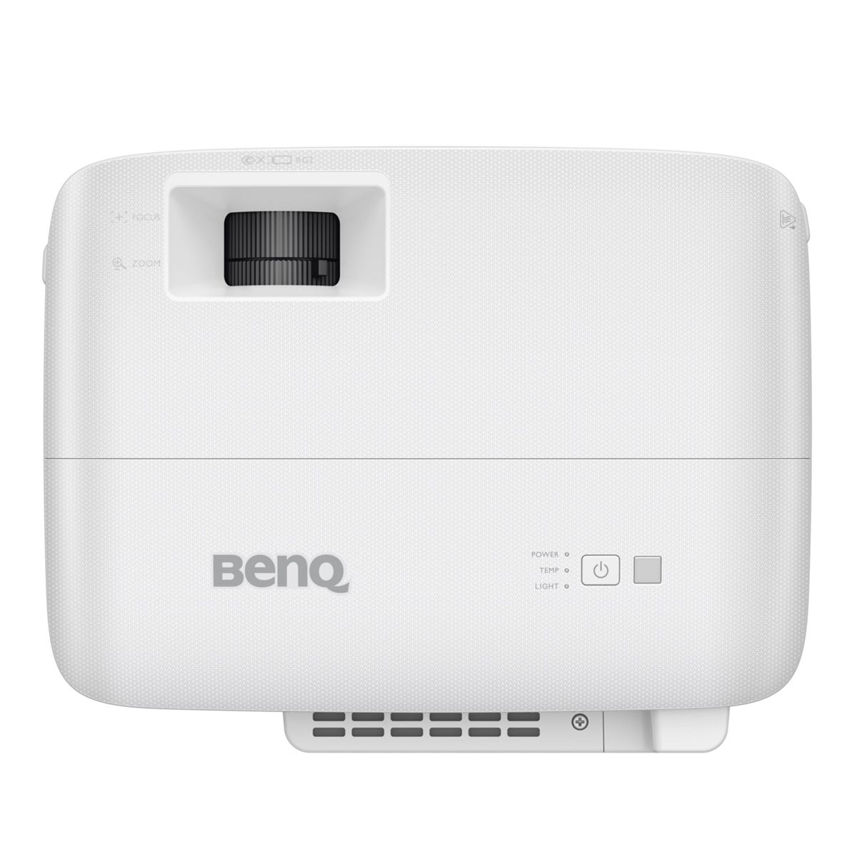 Un projecteur BenQ blanc avec molettes de mise au point et zoom et un objectif.