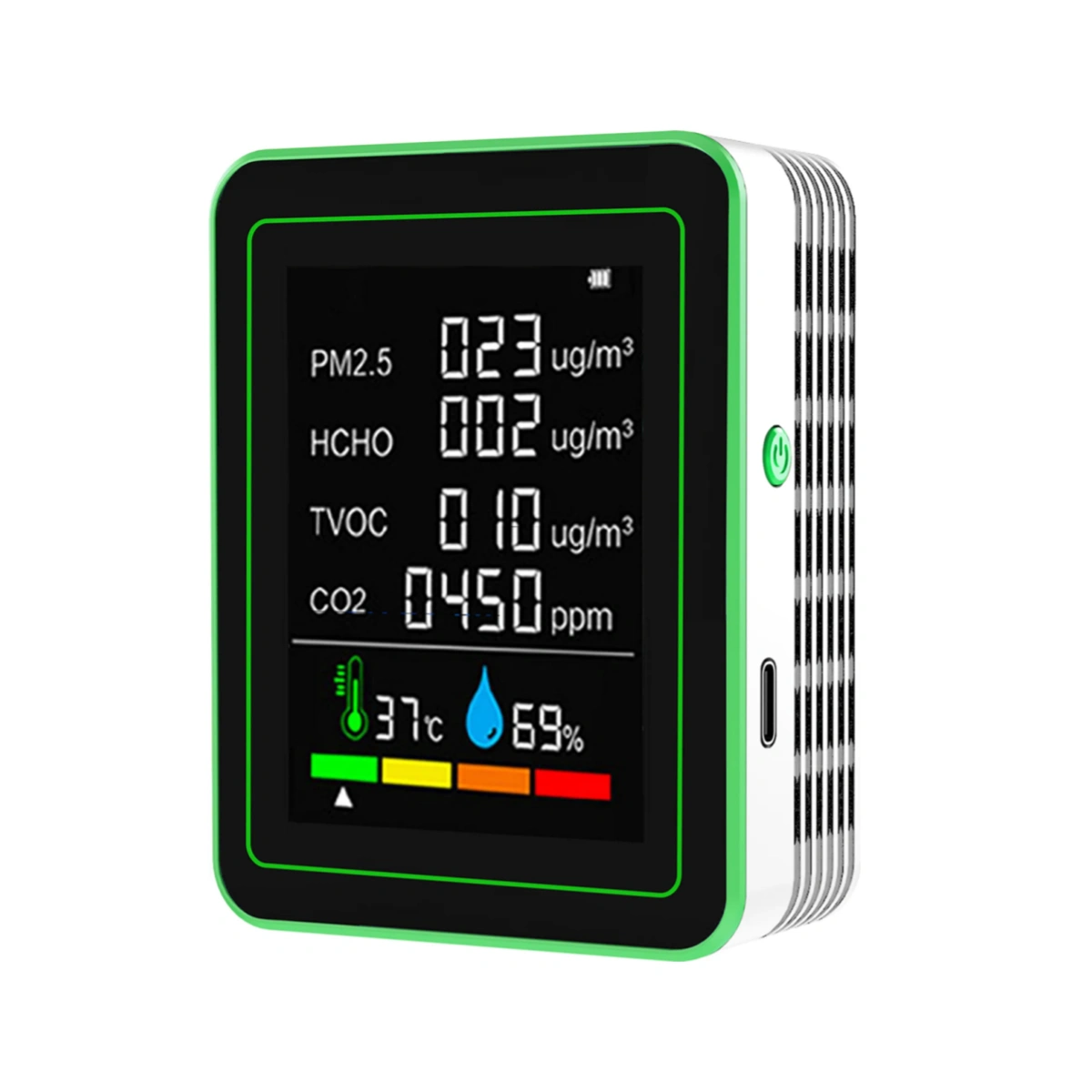Ein tragbares Messgerät zeigt PM2.5, HCHO, TVOC, CO2, Temperatur und Luftfeuchtigkeit an.