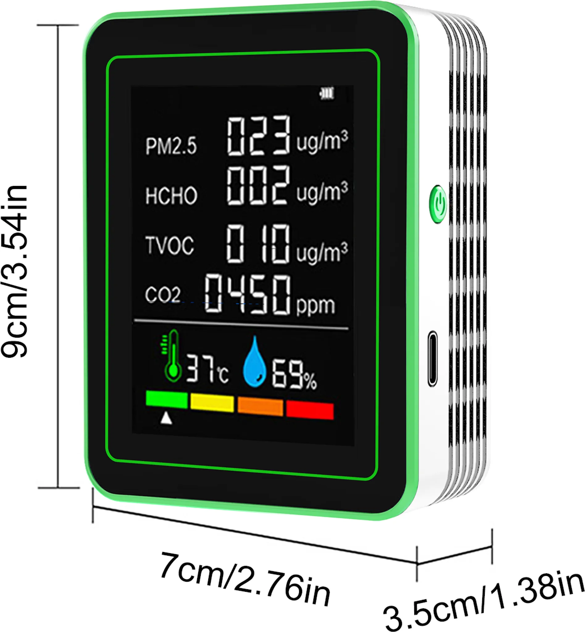 Digitaler Luftqualitätsmonitor zeigt PM2,5, HCHO, TVOC, CO2, Temp 37C, Luftfeuchtigkeit 69%.