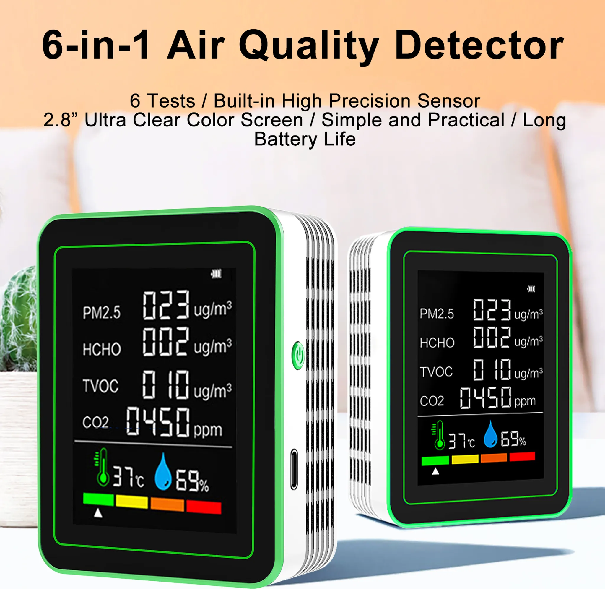 Zwei grüne Luftqualitätsdetektoren zeigen PM2.5, HCHO, TVOC, CO2, Temperatur und Luftfeuchtigkeit an.