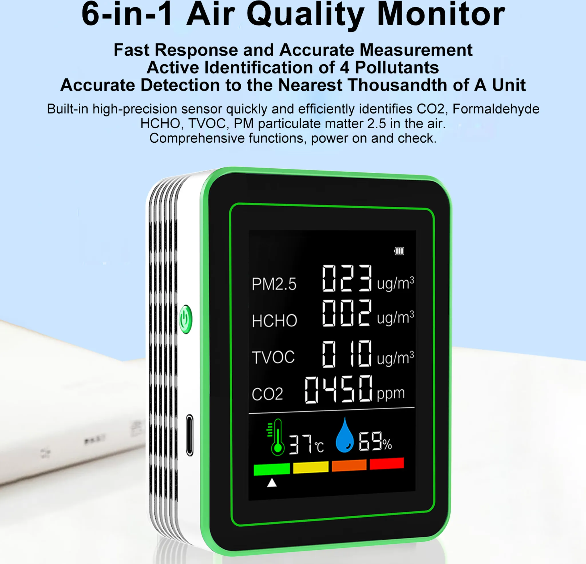 Ein digitaler Luftqualitätsmonitor mit grünem Rahmen zeigt PM2.5, HCHO, TVOC, CO2, Temperatur und Luftfeuchtigkeit an.