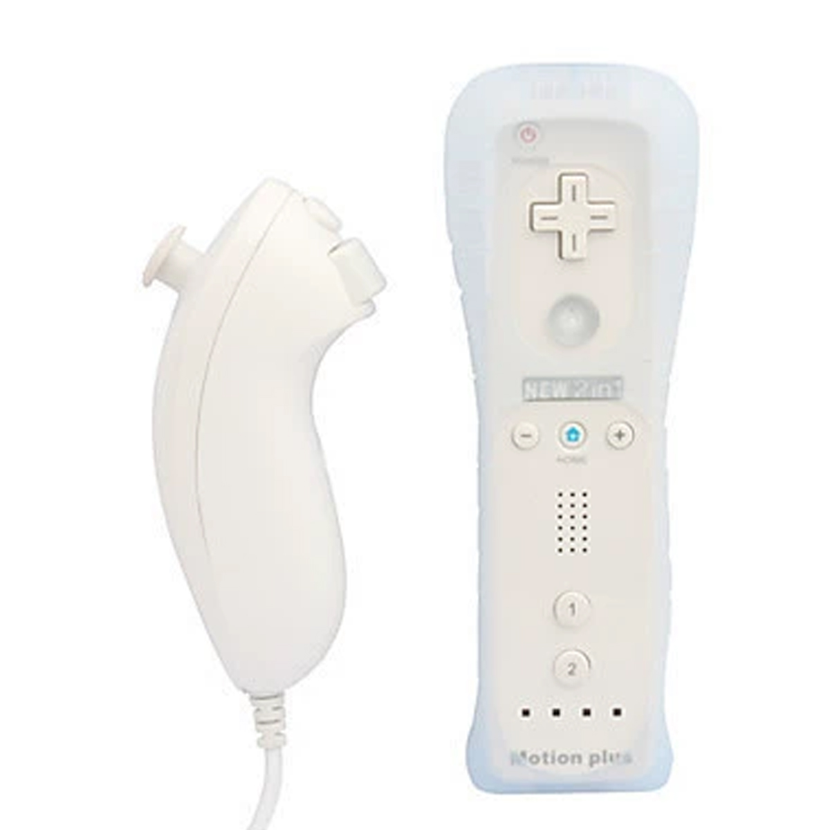 Due controller Nintendo Wii bianchi uno accanto all'altro, uno con cover.