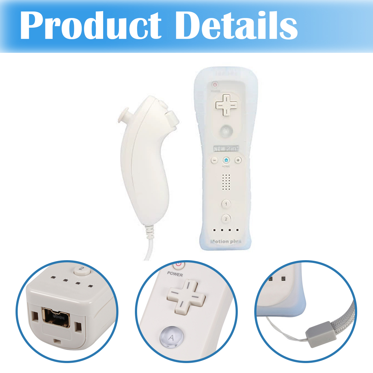 Telecomando Wii bianco e controller Nunchuk con viste dettagliate.