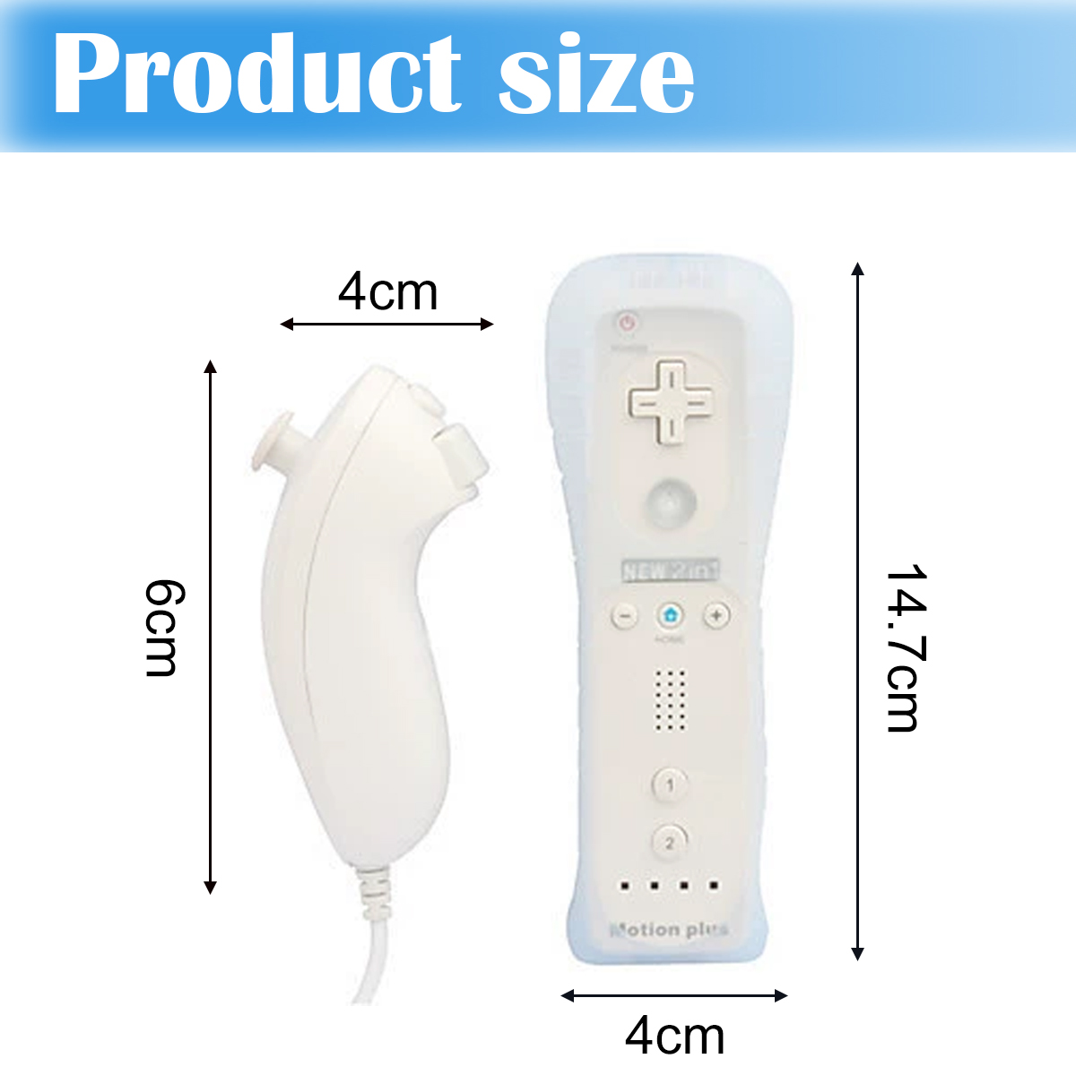 Controller bianchi Nintendo Wii mostrati con dimensioni. Sinistra: 6cm A, 4cm L. Destra: 14,7cm A, 4cm L.