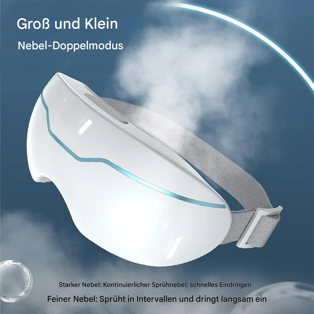 Ein weißes Gerät mit blauem Akzent, das Nebel sprüht. Großer und kleiner Nebelmodus.