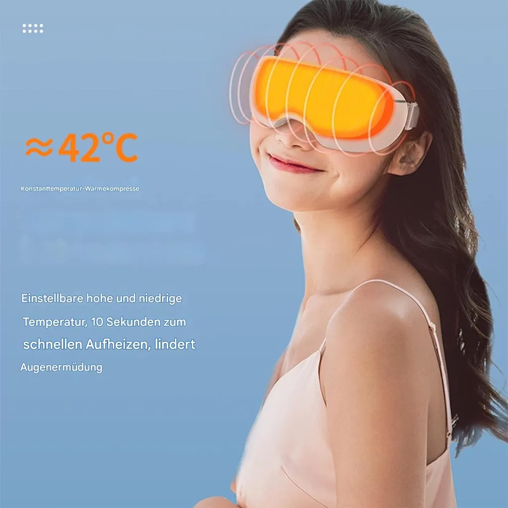 Junge Frau mit Wärmekompresse fürs Auge bei 42°C, lindert Augenermüdung.