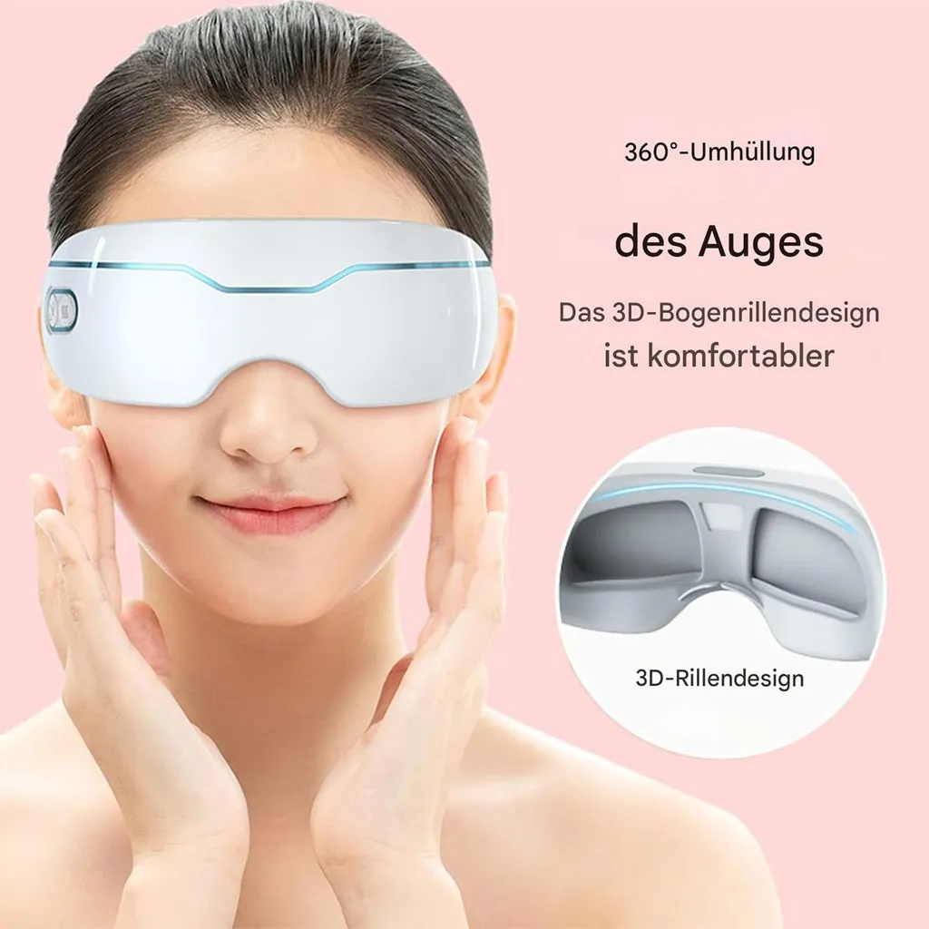Frau mit weißer Augenmaske, die ihre Hände an den Wangen hält.