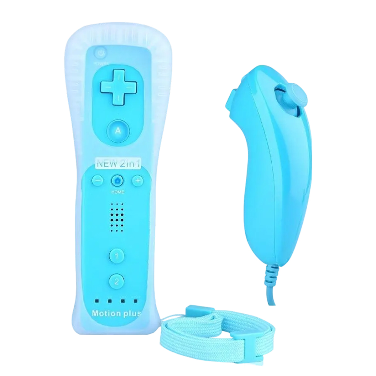 Due controller da gioco blu e un cinturino da polso su sfondo bianco.