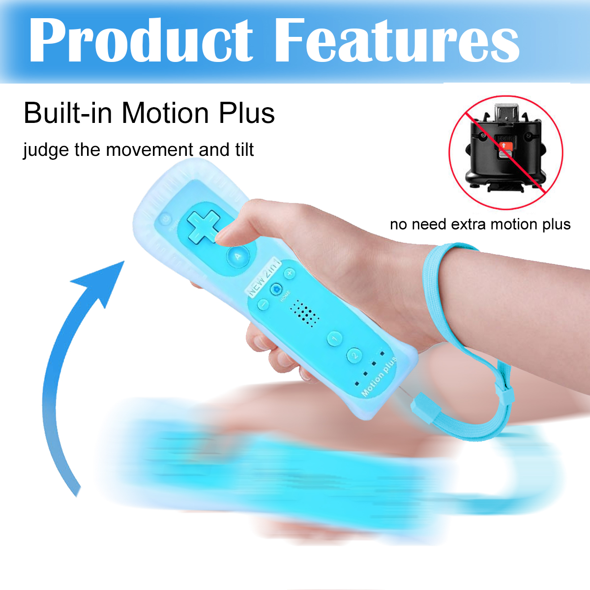 Un controller blu con Motion Plus integrato e cinturino da polso è tenuto.