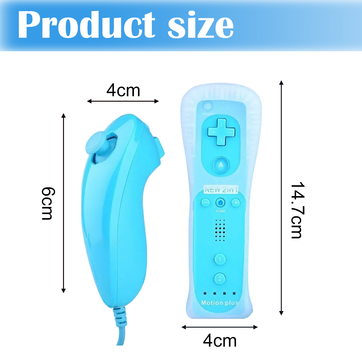 Due controller blu con indicazioni di dimensione: 6cm, 4cm e 14,7cm.