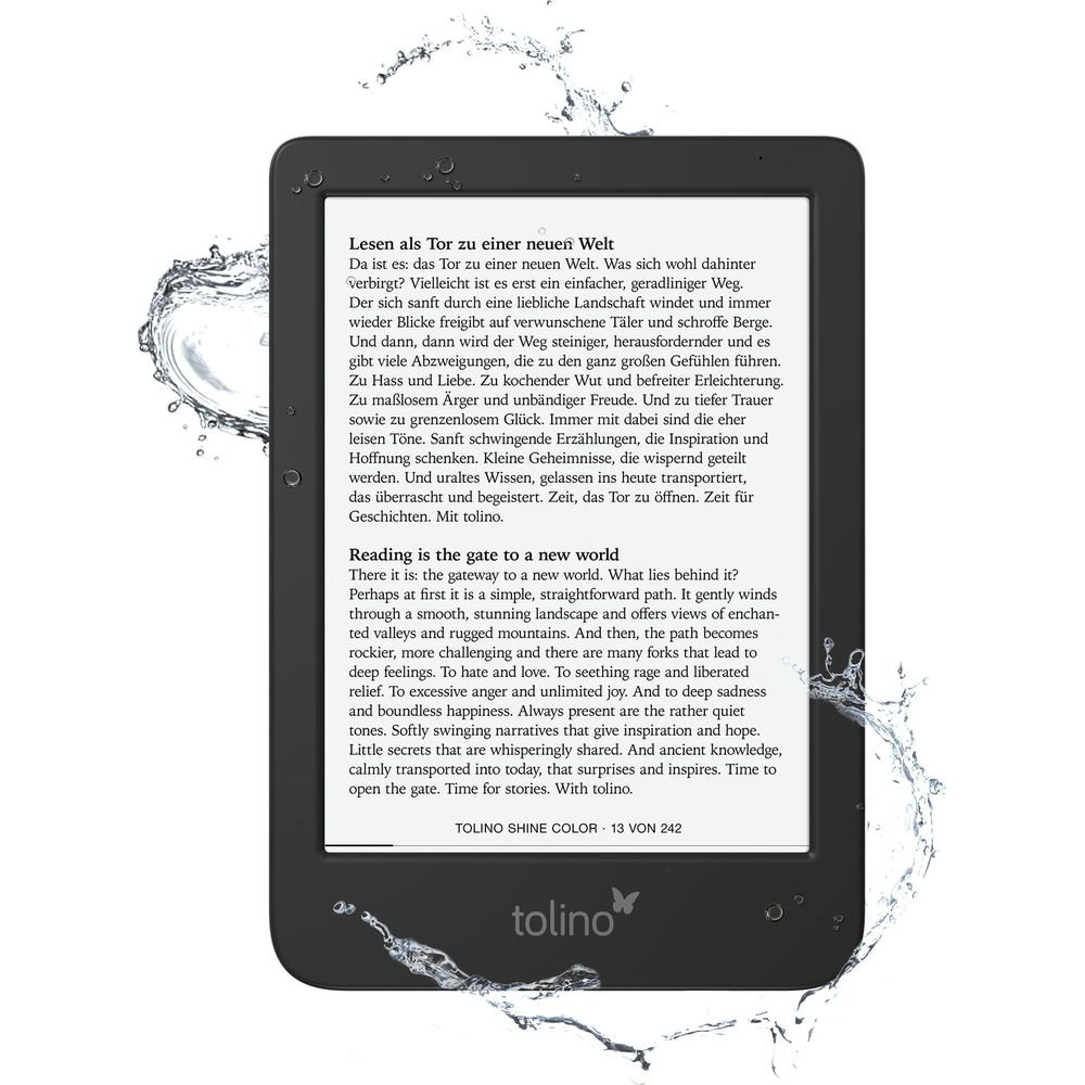 Czytnik e-booków wyświetla tekst po niemiecku i angielsku. W tle wzór wody.