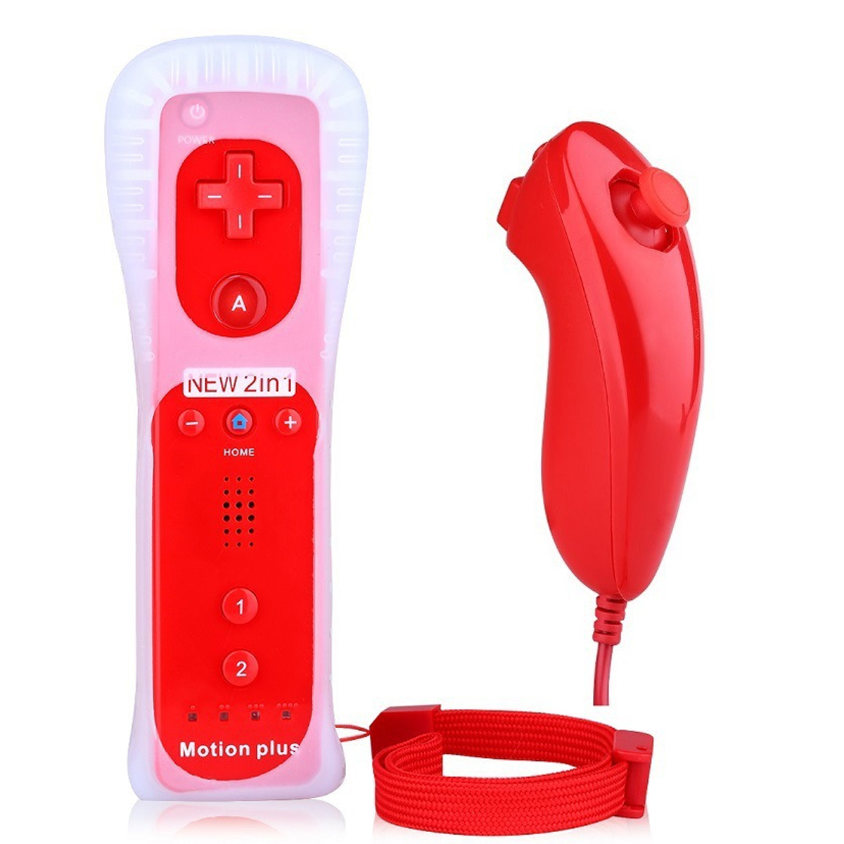 Due controller rossi Nintendo Wii, uno con custodia in silicone trasparente, su sfondo bianco.