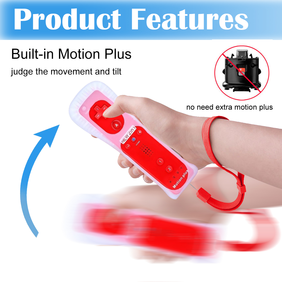 Una mano tiene un controller rosso con 'motion plus' integrato. Una freccia blu indica movimento.