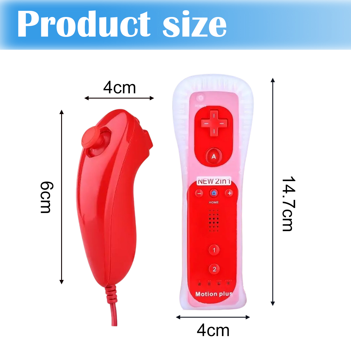 Due controller rossi con indicazioni di dimensioni: 6cm, 4cm e 14,7cm.