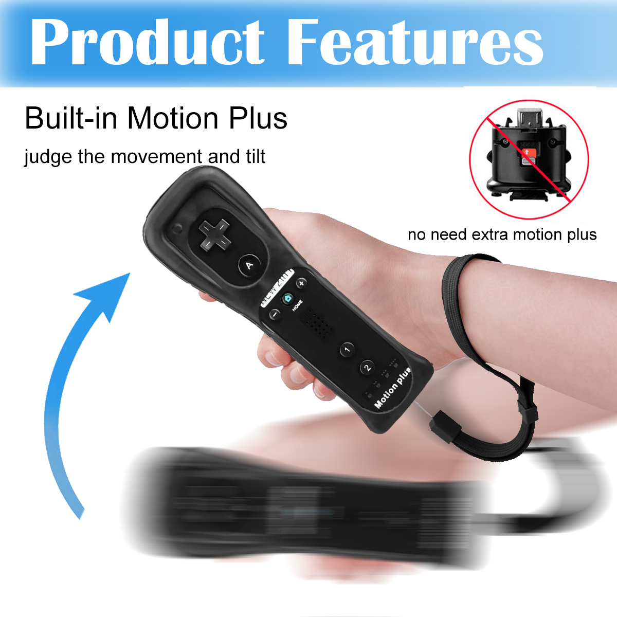 Mano tiene controller nero con Motion Plus, con grafica freccia blu.